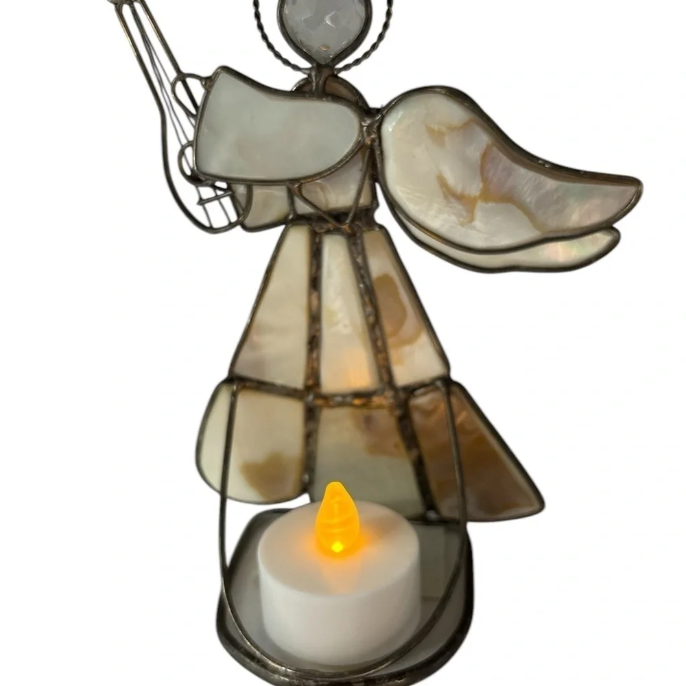 Capiz Shell Silver Tone Metal Angel Tea Light Candle Holder